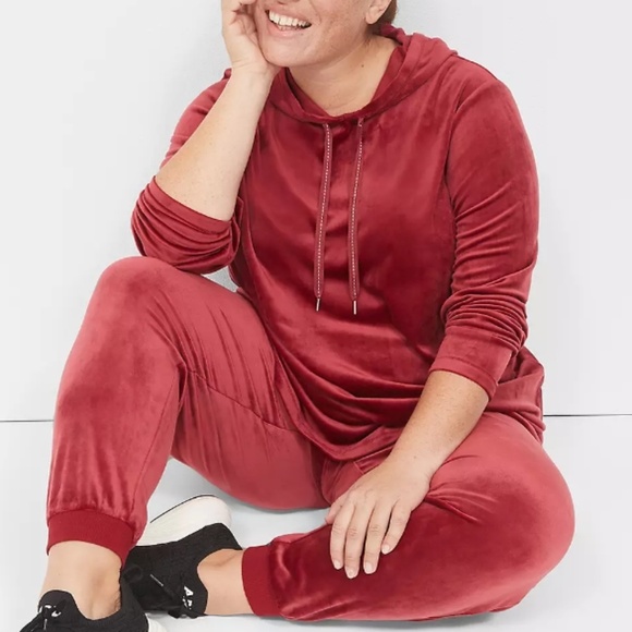 LIVI Lane Bryant 2 Piece Velour Set Hoodie 26/28 Jogger Pants 22/24 Rhubarb Red - Picture 1 of 7